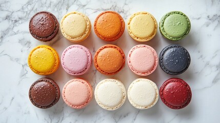 A delightful assortment of multi-colored french macarons showcases various flavors, artfully arranged in a visually appealing pattern on white marble. Soft natural light enhances their beauty