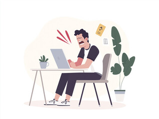 office manager shouting at his laptop in anger and rage, flat illustration, burnout theme