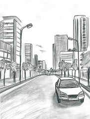 cityscape pencil sketch, hand drawn monochrome illustration