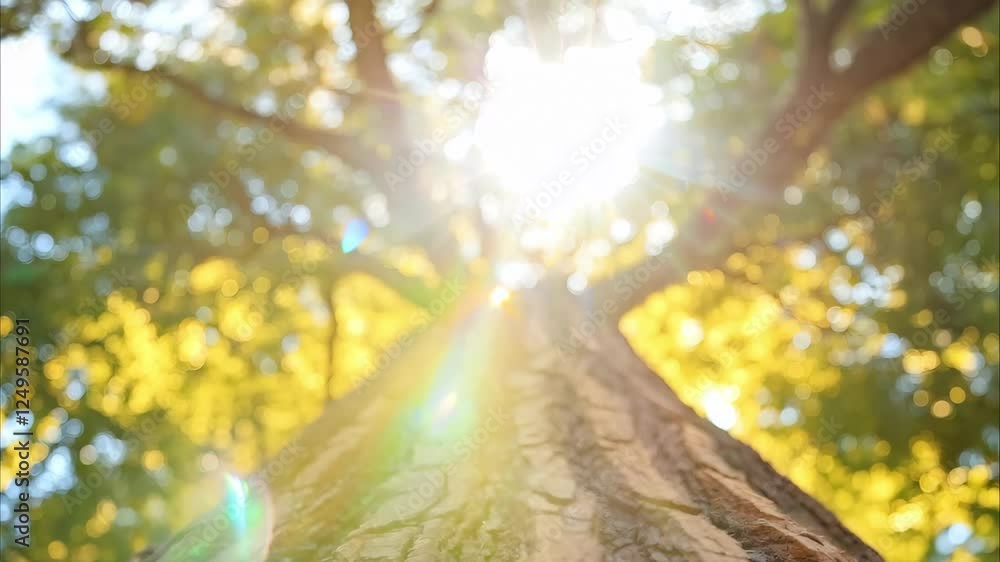 Poster a close-up view of a tree trunk with sunlight filtering through the leaves, creating a warm, invitin