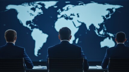 Three suited figures facing a large digital map of the world, engaged in a serious discussion or analysis.