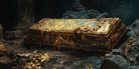 Fototapeta premium Ornate gold covered coffin rests amidst rubble in a dark tomb
