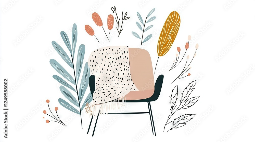 Poster an image of a chair with a blanket covering it and a plant placed in its center
