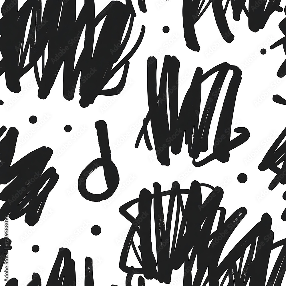 Poster abstract scribble pattern: an edgy and abstract seamless pattern with a black and white palette, sho