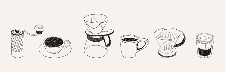 Minimalist hand drawn coffee beverages vector illustration collection. Abstract coffee shop line art  of cup of espresso, cappuccino, latte, modern boho restaurant cafe menu design