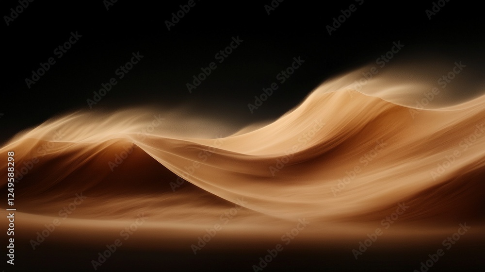 Poster blurry image of a desert with sand blowing in the foreground and a dark sky in the background