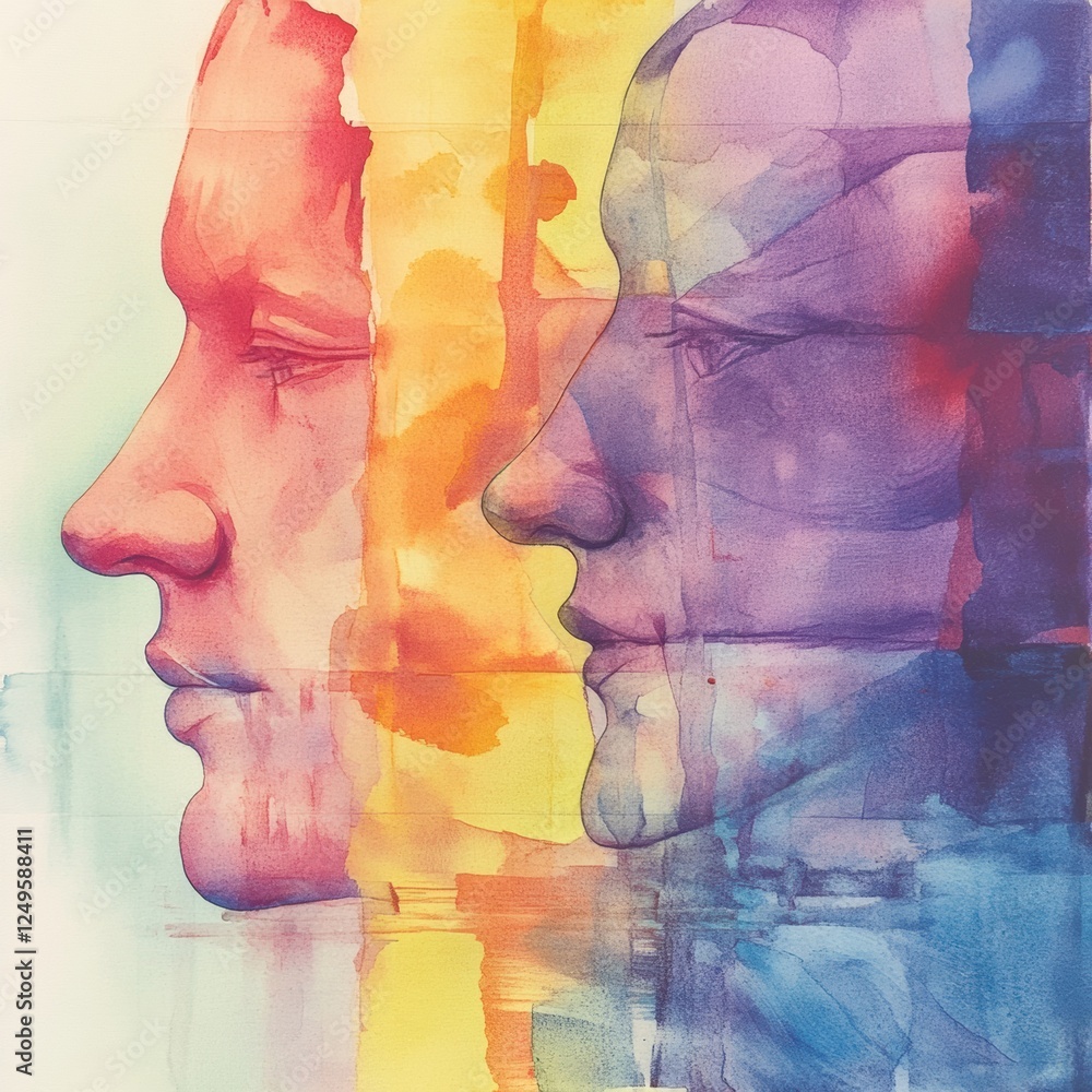 Poster artistic watercolor composition showcases dual profiles against colorful backgrounds with a smooth g