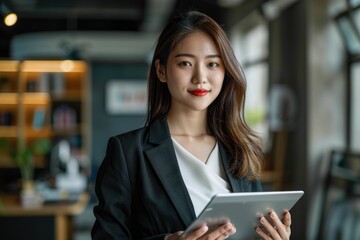 Fototapeta premium Confident Asian businesswoman holding tablet in modern office, exuding professionalism and success.