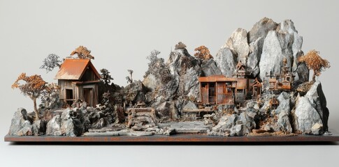 Detailed miniature diorama of rustic buildings nestled among rocky mountains