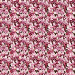 Fototapeta premium Seamless floral pattern featuring densely arranged pink magnolia blossoms with delicate petals and soft green leaves. A romantic and intricate botanical design with a vintage-inspired aesthetic