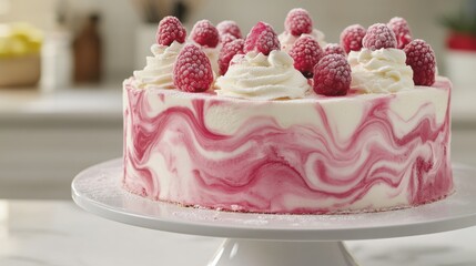 Luxurious pink and white marbled ice cream cake showcase
