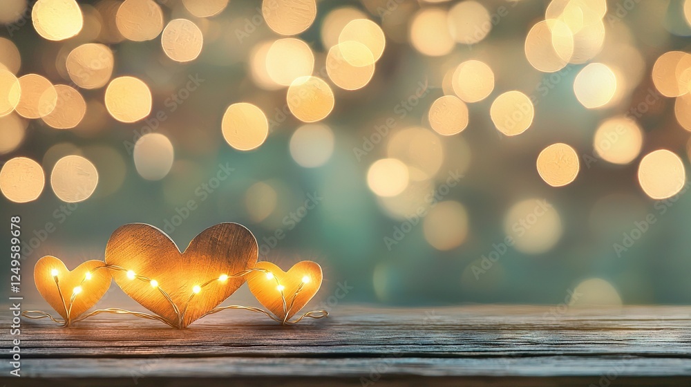 Poster two heart-shaped lights rest atop a wooden table against a hazy backdrop of illumination