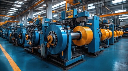 Fototapeta premium A row of industrial machinery in a factory with yellow spools of metal.