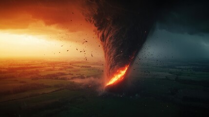 Obraz premium A dramatic tornado descends from dark clouds, contrasting with a fiery orange sky, showcasing nature's power and intensity.