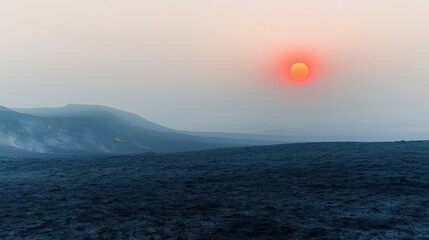 A hazy landscape at sunset, featuring a glowing orange sun setting over distant hills, creating a serene and atmospheric mood.