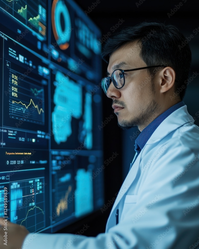 Poster a scientist analyzes data on digital screens, showcasing graphs and statistics in a high-tech enviro