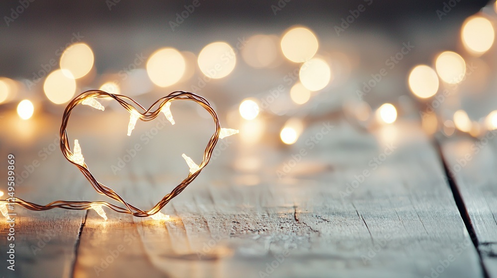 Poster a heart-shaped string of lights on a wooden table with a heart-shaped string of lights