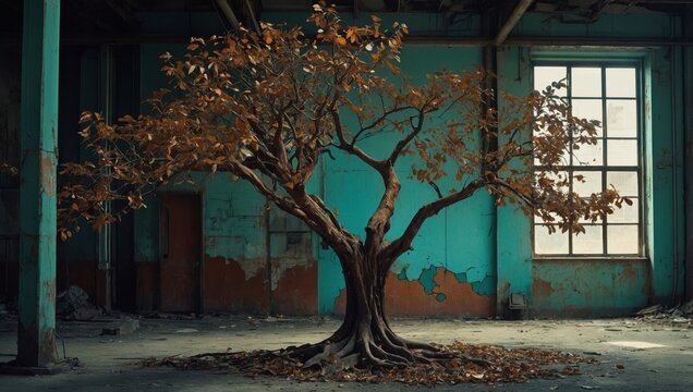 Nestled in a rusting industrial setting, a vintage-chic grungy binary tree
