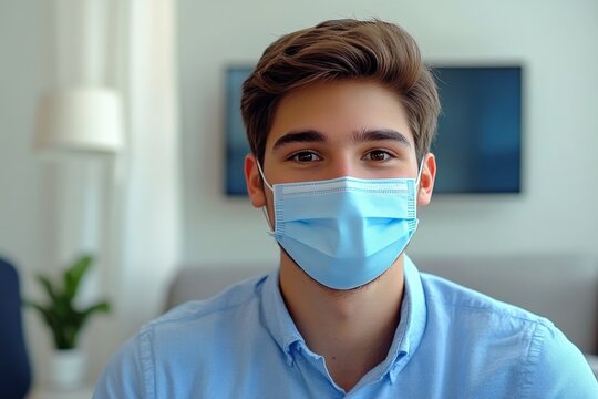 Young man wearing a blue face mask smiling at the camera, showcasing a cozy indoor environment with modern decor and a hint of greenery in the background