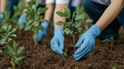 A person in blue gloves plants a young seedling into rich soil, symbolizing care for nature and environmental sustainability.