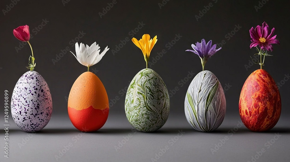 Poster a row of painted easter eggs with flowers in the center of each egg on a gray surface with a dark ba