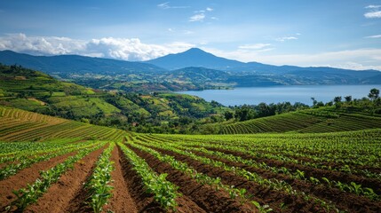 A scenic landscape featuring lush green fields, rolling hills, and a serene lake, with a mountain backdrop under a clear blue sky.