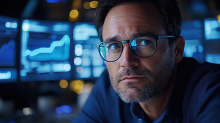 Financial analyst immersed in data analysis amidst glowing screens in a modern office late at night surrounded by ambient blue lighting
