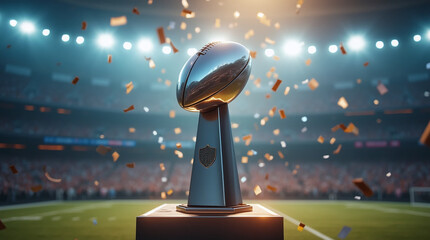 Winning moment: American football trophy under stadium lighting