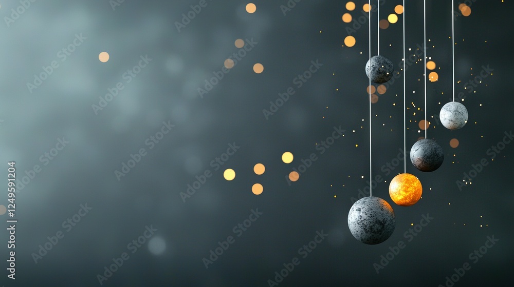 Poster solar system with planets hanging from strings on dark background with yellow-orange lights