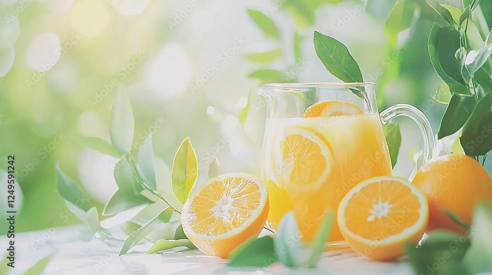 Poster an orange juice pitcher with sliced oranges on a green table in the foreground