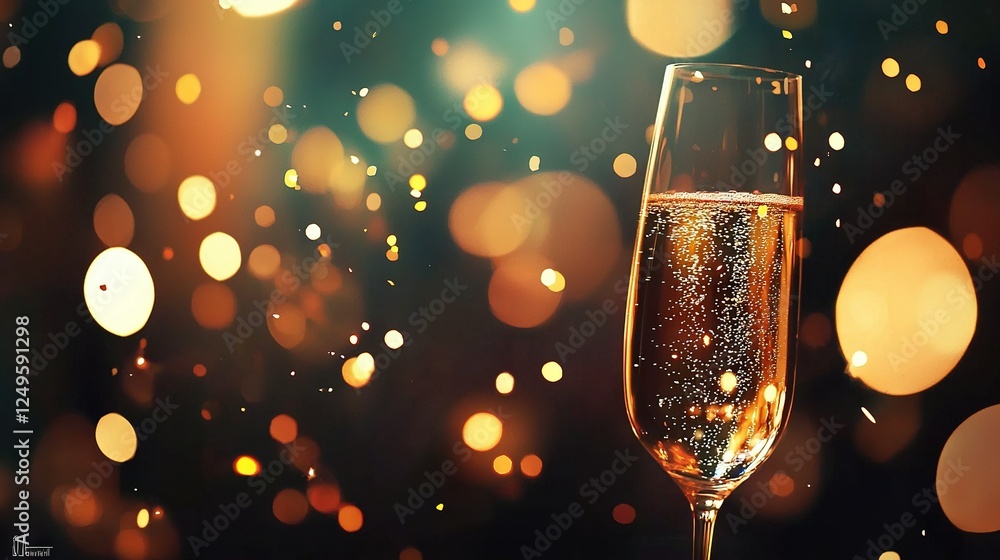 Poster a glass of champagne sits on a table with a clear view of the bokeh lights in the background