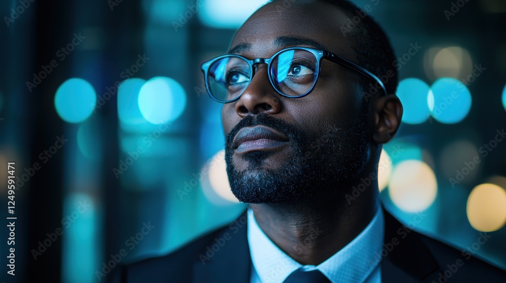 Poster tech-savvy economist explores cryptocurrency and blockchain analytics in high-tech office with neon 