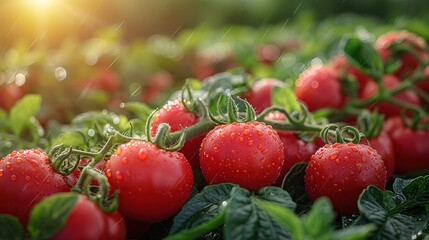 fresh red ripe tomato in plantation with sunlight 