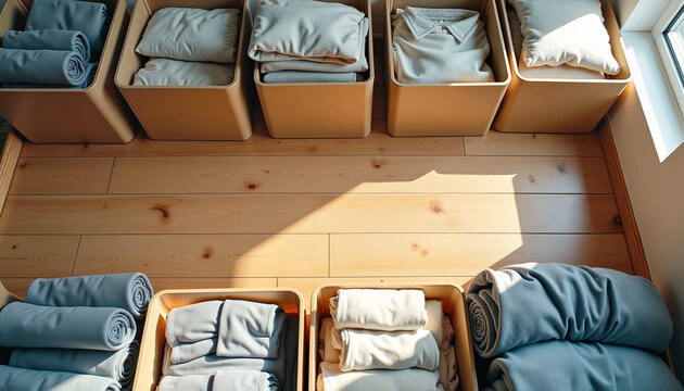 organization tips, Neatly organized linen storage with folded blankets and baskets in a bright room