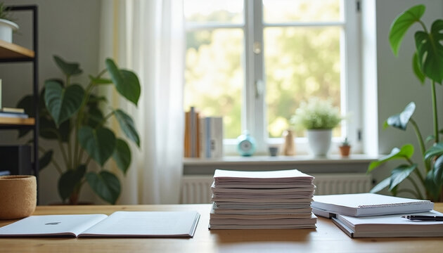 organization tips, Organized home office workspace with neat stacks of documents and green plants by the window