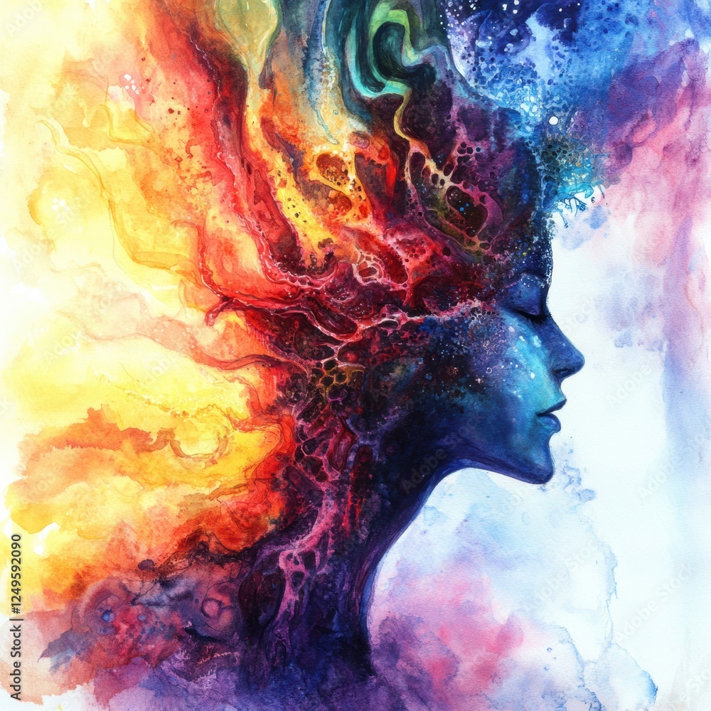 Poster abstract portrait of a woman with colorful swirling patterns representing emotions and thoughts in v