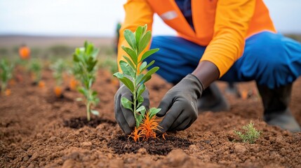 A person in gloves plants a young sapling in rich, brown soil, demonstrating sustainable farming practices and environmental care.