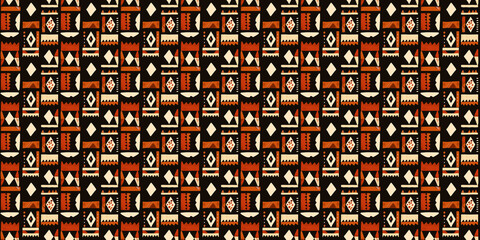 Abstract African art shapes seamless backgrounds, tribal geometric decoration patterns. Colored flat boho symbols illustrations	