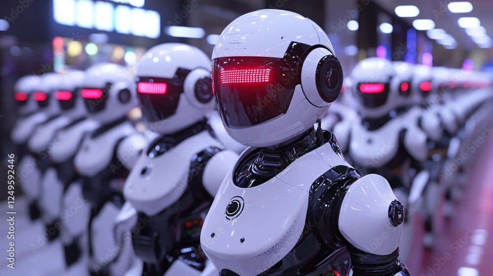 Aufkleber a lineup of humanoid robots with red-lit visors, showcasing a futuristic design in a high-tech envir
