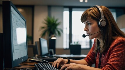 telephone consultant, woman in headphones in front of computer writing with a pen