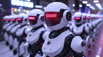 Fototapeta premium A lineup of humanoid robots with red-lit visors, showcasing a futuristic design in a high-tech environment.