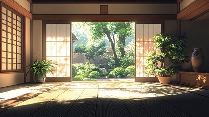 Fototapeta premium A serene interior view with sliding doors revealing a lush garden, sunlight streaming through, creating a peaceful ambiance.