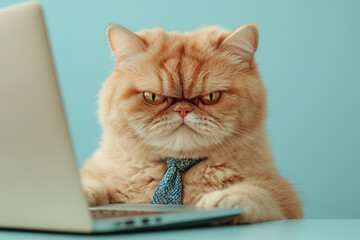 Cute cat with computer laptop on background.