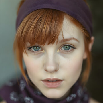 Chica de cabello cobrizo con un paliacate morado y una expresi&oacute;n que transmite profundidad.