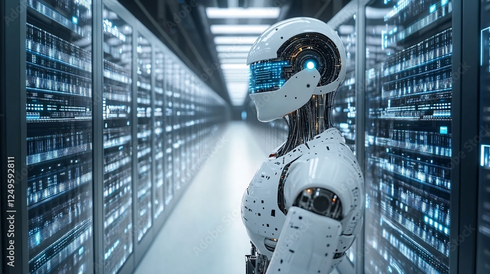 Aufkleber a futuristic robotic figure stands in a sleek, high-tech server room, illuminated by blue lights and