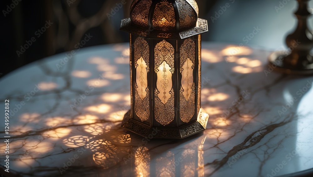 Poster intricate lantern casting beautiful light patterns on a marble table during evening hours