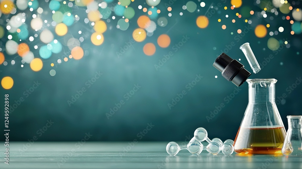 Poster an image shows a flask filled with liquid placed atop a table and adjacent to a beaker holding liqui