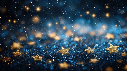 Fototapeta premium abstract bokeh light background, blue gold glitter diamond dust dazzling sparkling shining ground