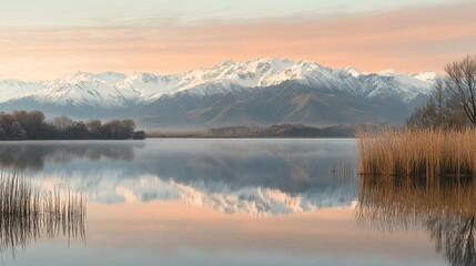 Fototapeta premium Calm lake sunrise, snowy mountains, reeds, peaceful scene