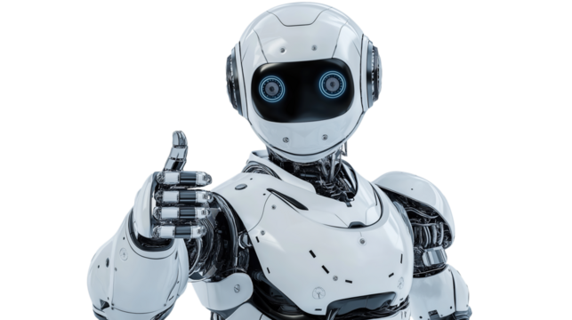 Happy AI Robot with Thumbs Up, Futuristic Companion on Transparent Background - Powered by Adobe